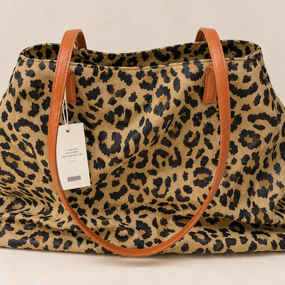 NWT Leopard Print Tote Bag with Tan Handles